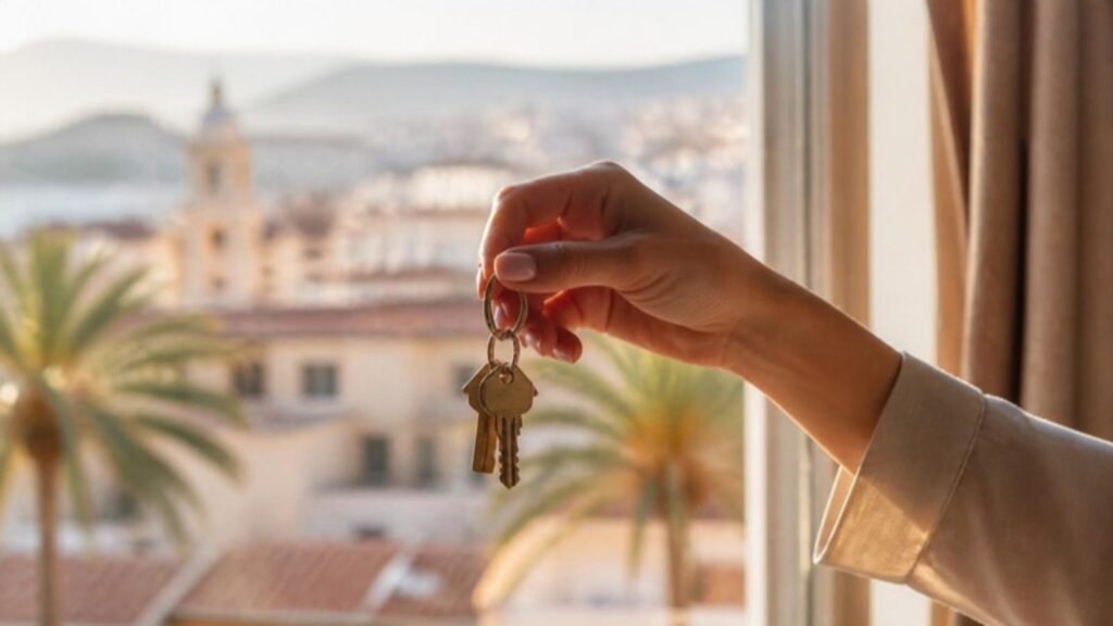 Invertir en inmuebles en el extranjero: llaves de una vivienda con vistas a una ciudad